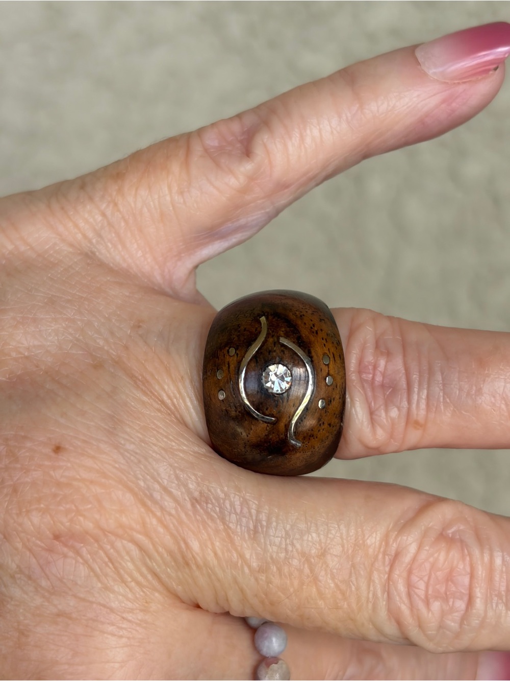 Handcrafted Brown Wood Statement Ring with Clear Crystal